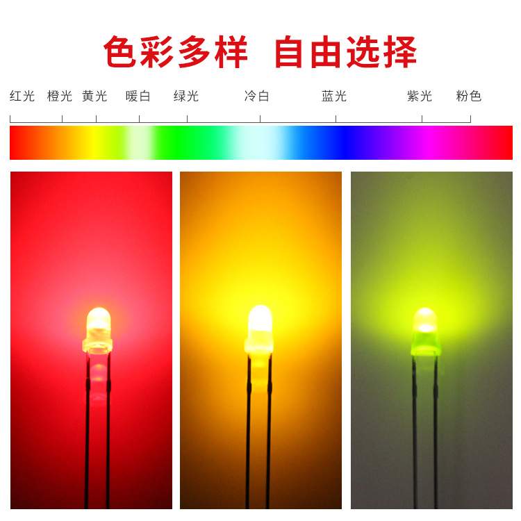 F3/3mm圆头有边加长脚LED发光二极管白红蓝绿黄光直插LED灯珠