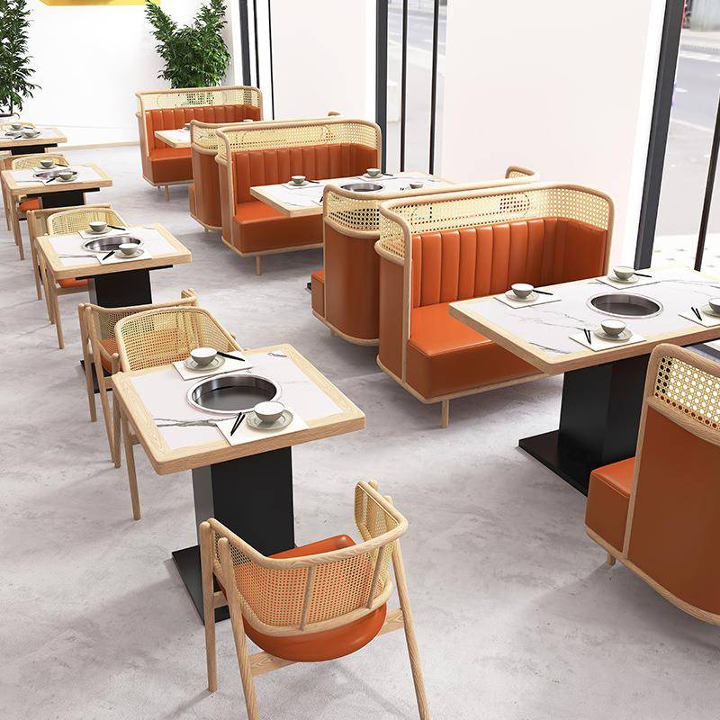 火锅桌子电磁炉一体桌椅组合东南亚风格烧烤卡座沙发椅子餐饮家具