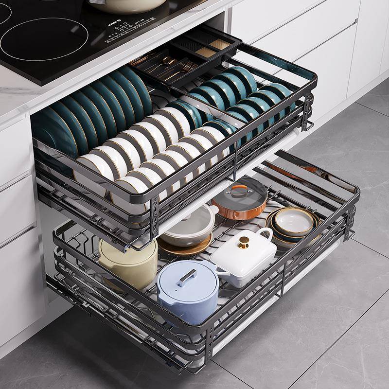 拉篮厨房橱柜双层调味碗碟柜内304不锈钢收纳碗架抽屉式碗篮工厂