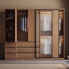 北欧推拉门衣柜合玻璃柜子滑门原木色中古风家用卧室小户型组衣橱