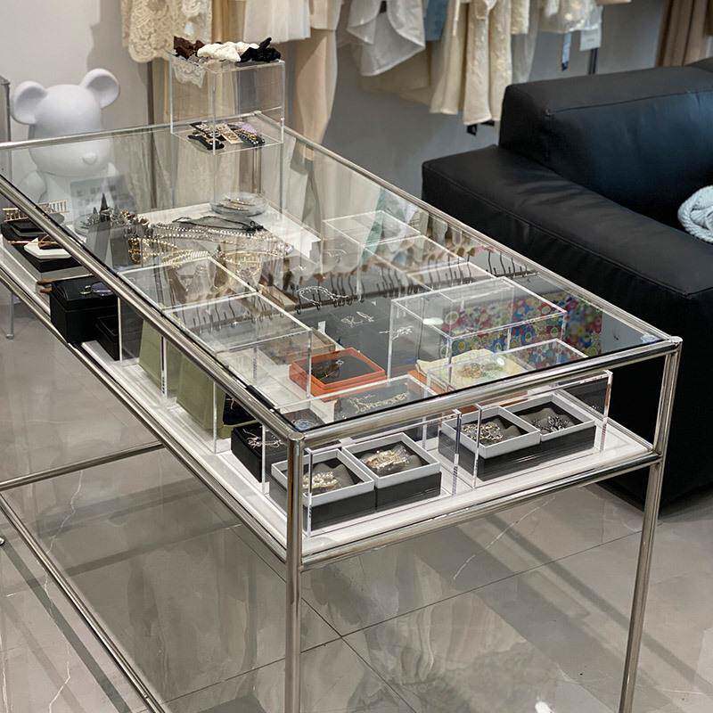 服装店饰品店中间摆放玻璃不锈钢展示台中岛陈列架电脑办公桌货架