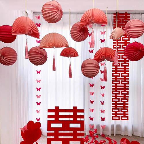 婚房布置男方女方主卧室客厅窗帘纸灯笼流苏拉花装饰结婚新房挂饰