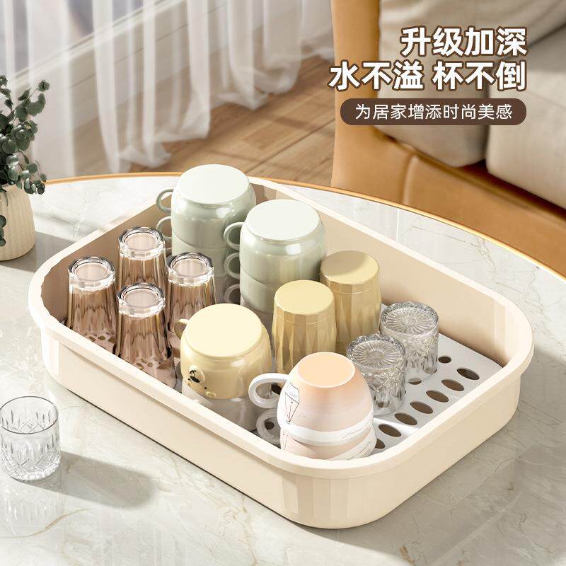 沥水盘沥水家用托盘茶水盘长方形塑料双层加高茶杯水杯置物架