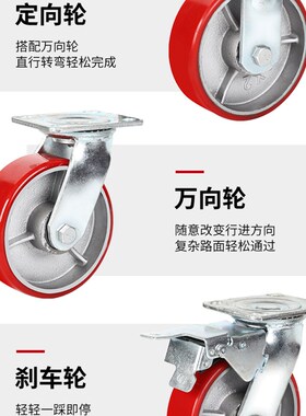 中重型3/4寸5寸6寸8寸铁芯聚氨酯PU万向轮承重耐磨静音推车脚轮