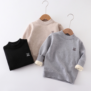 儿童加绒加厚毛衣宝宝圆领保暖全棉针织衫男女童黑白色套头打底衫