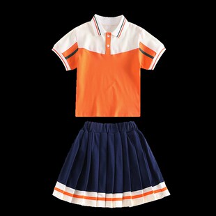 橙色学院风小学生夏季新款纯棉短袖校服套装男女童班服幼儿园园服