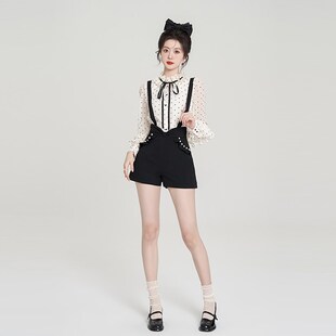 高级感雪纺波点衬衫背带短裤时尚套装女秋装2024年新款裤子两件套