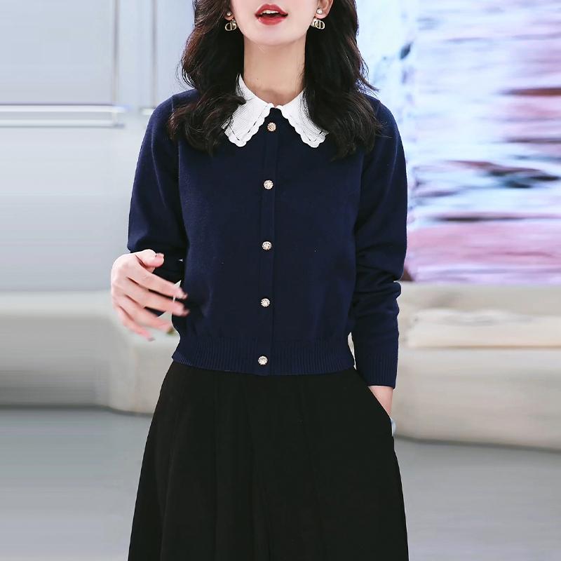 法式假两件针织衫2024年新款秋冬娃娃领撞色小众减龄羊毛开衫上衣