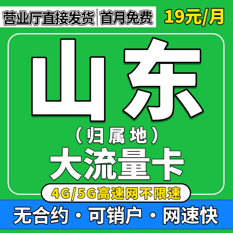山东归属地全国通用限量5G流量卡无纯上网手机卡联通大流量电话卡