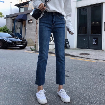 不掉色蓝色牛仔八九分直筒烟管裤