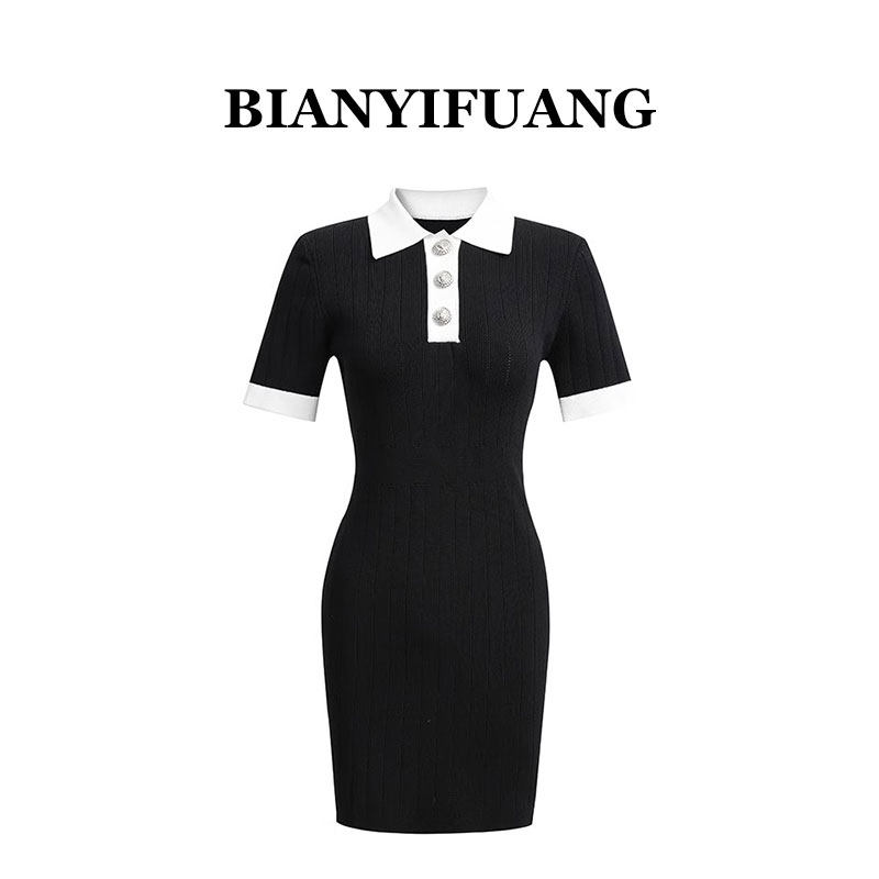 BIANYIFUANG26年夏新款polo领冰丝针织连衣裙修身包臀高级感中裙