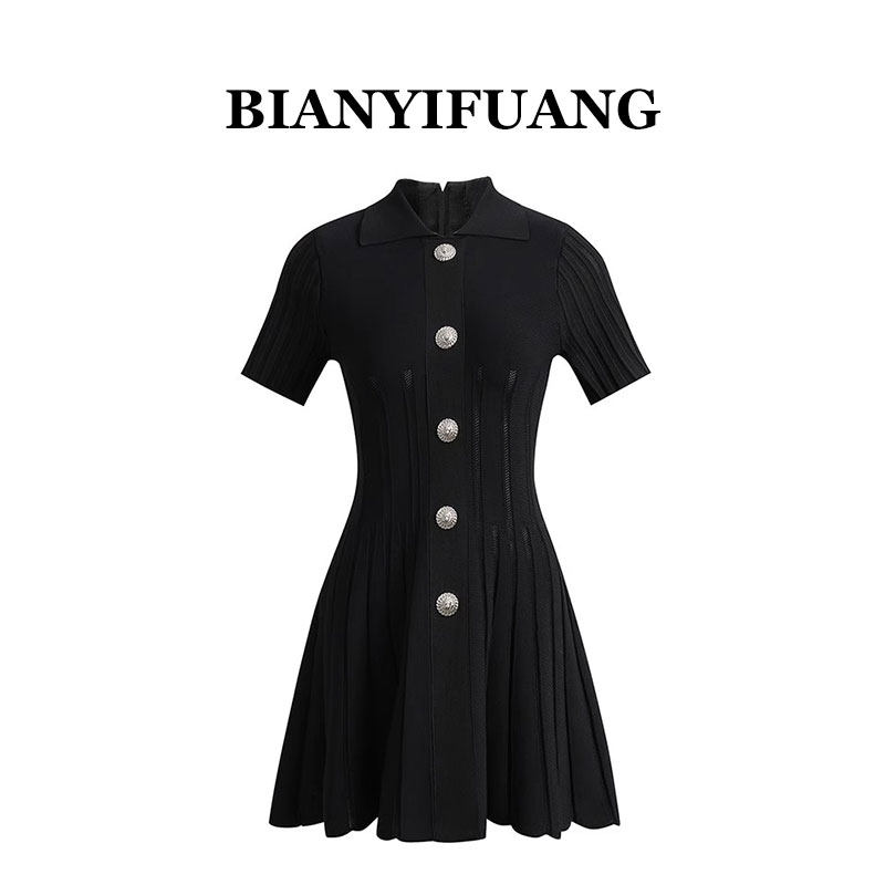 BIANYIFUANG2026欧美春夏时尚抗条针织翻领修身显瘦A字气质连衣裙