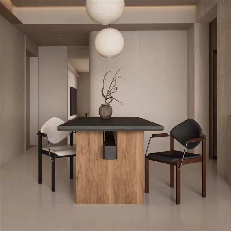 中古侘寂风实木餐桌家用长方形黑色客厅茶桌书桌一体两用设计师桌