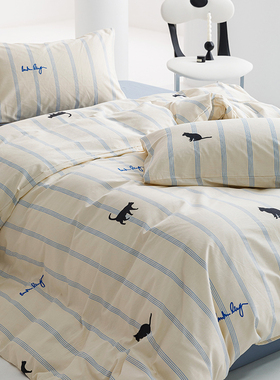 蓝色条纹猫咪全棉床上用品四件套简约学生宿舍床单被套三件套