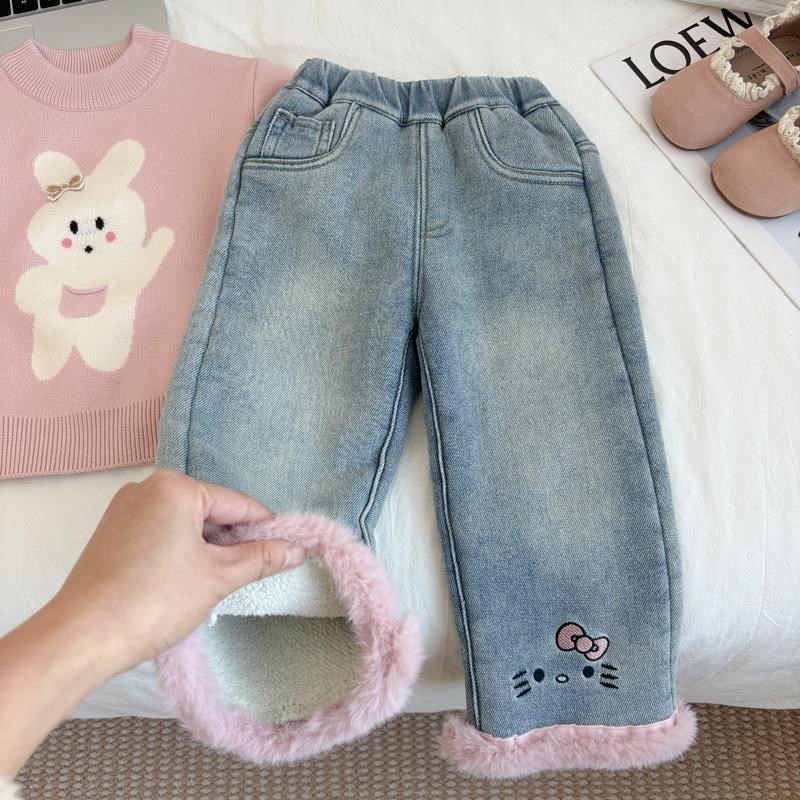 女童牛仔裤秋冬2024新款加厚中童窄版阔腿裤冬款小童加绒裤子