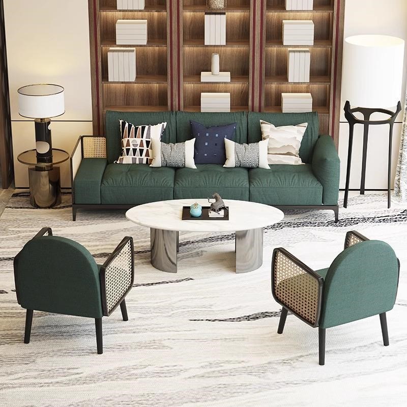 售楼处实木藤编沙发酒店大堂接待区会客沙发洽谈沙发组合家具