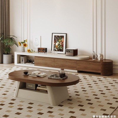 复古新中式伸缩电视柜茶几中古风茶几电视柜组合客厅家用小户型