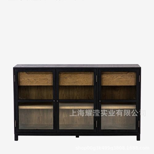 RH美式餐边柜复古做旧玄关柜客厅电视柜落地储物柜透明玻璃门橱柜