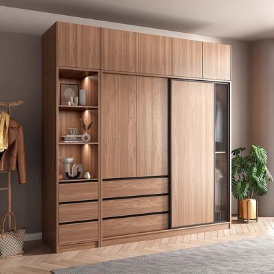 Tal胡桃色推拉门衣柜家用卧室现代简约玻璃小户型加边顶组合移门