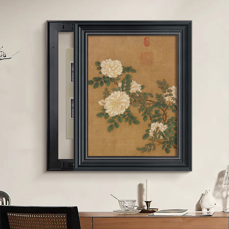 中古风竖版电表箱装饰画新中式复古花卉电箱遮挡挂画竖版复古壁画图片