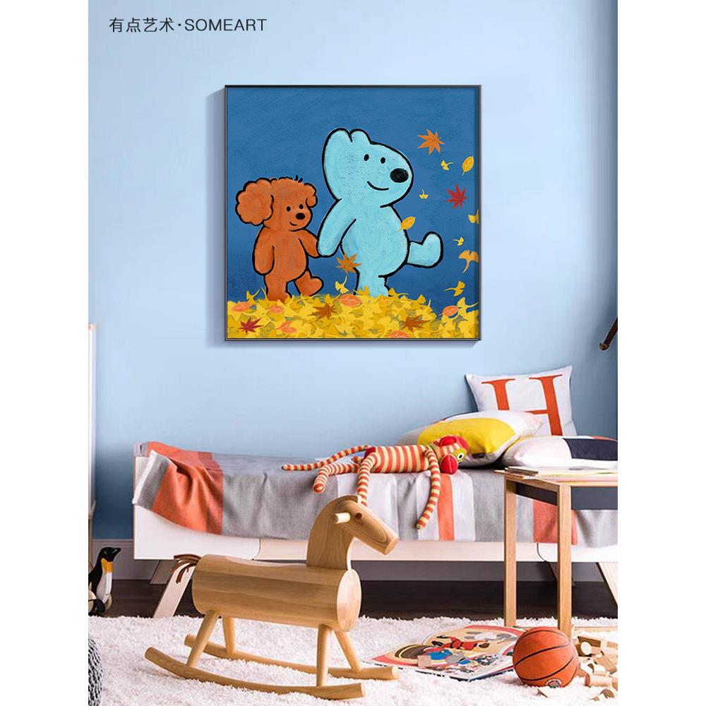 现代简约卡通动漫儿童房装饰画小清新治愈床头卧室挂画正方形壁画图片