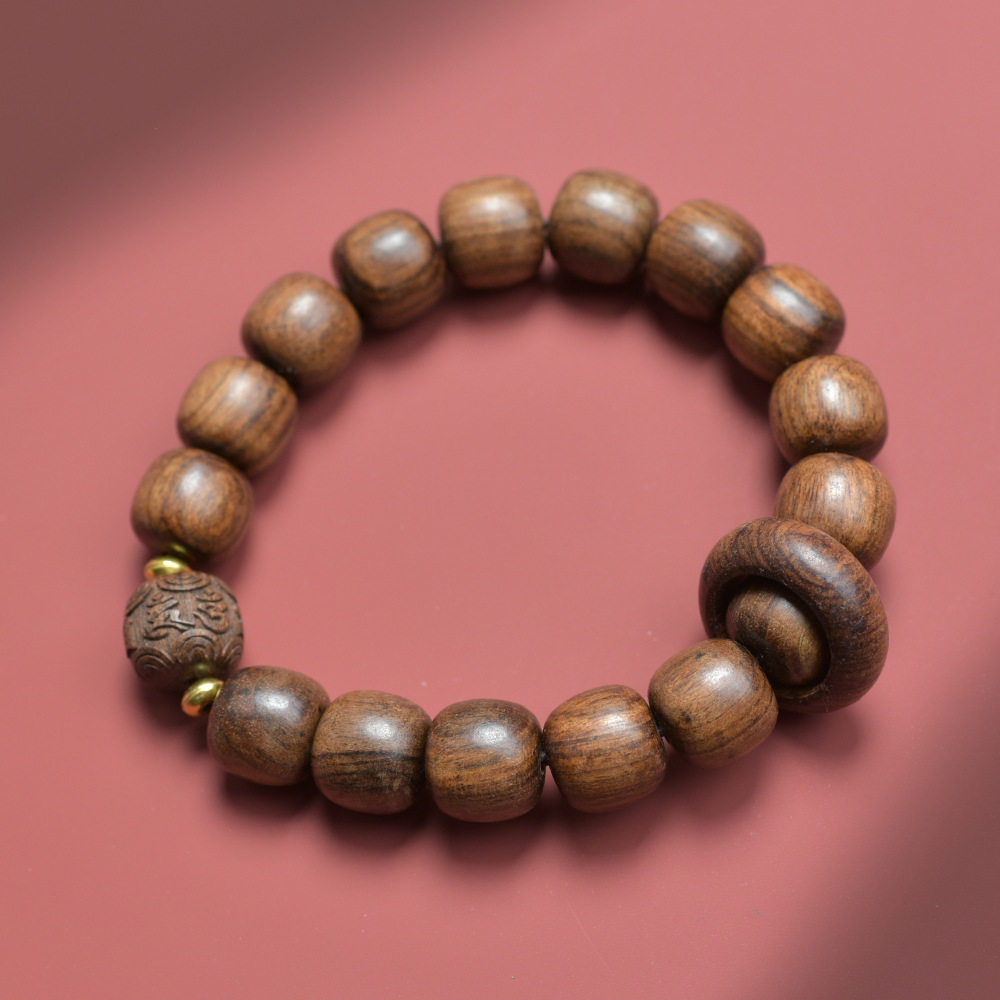 African Huanghuali Bucket Beads Carved Six-Character Motto, Buddhist Beads Bracelet, Sea Yellow Bracelet, Wooden String for Women
