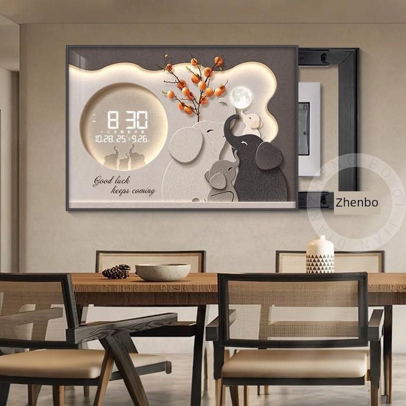 轻奢大象电表箱装饰画免打孔配电箱遮挡数显万年历餐厅钟表挂钟画
