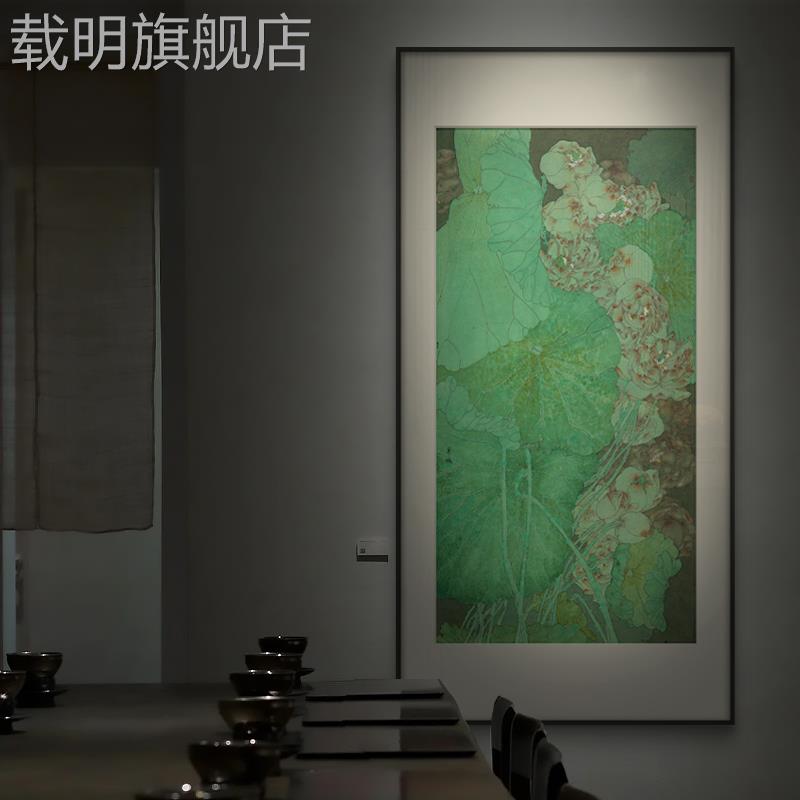 新中式荷花装饰画日式民宿会所酒店别墅入户玄关书房过道绿色挂画图片
