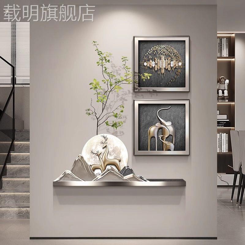 轻奢风福鹿玄关组合装饰画抽象大象走廊三联壁画绿植客厅餐厅挂画图片