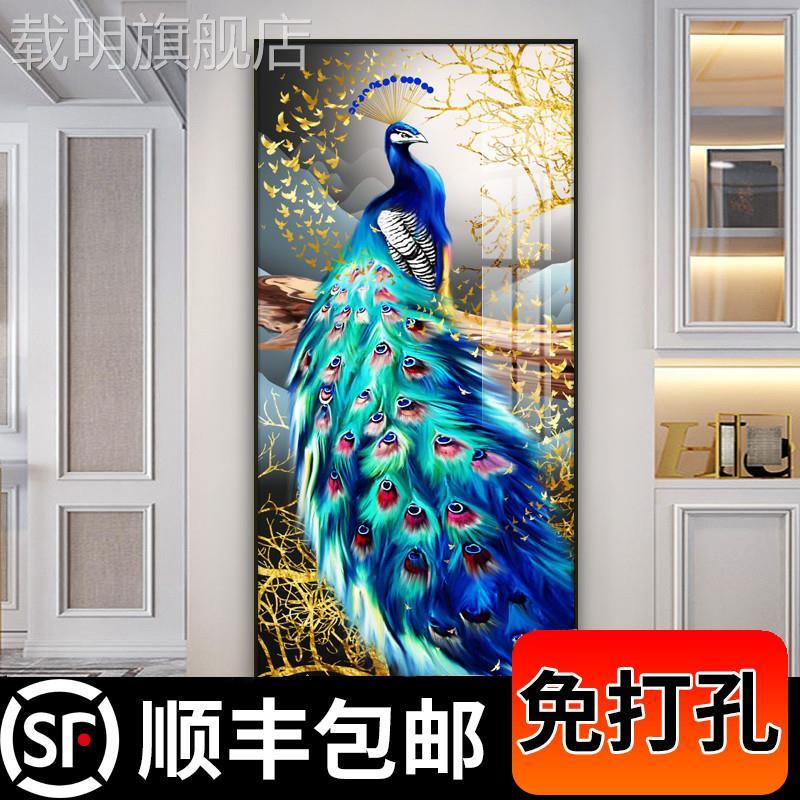 轻奢玄关装饰画新中式孔雀竖版过道墙壁画现代简约走廊挂画正对门图片