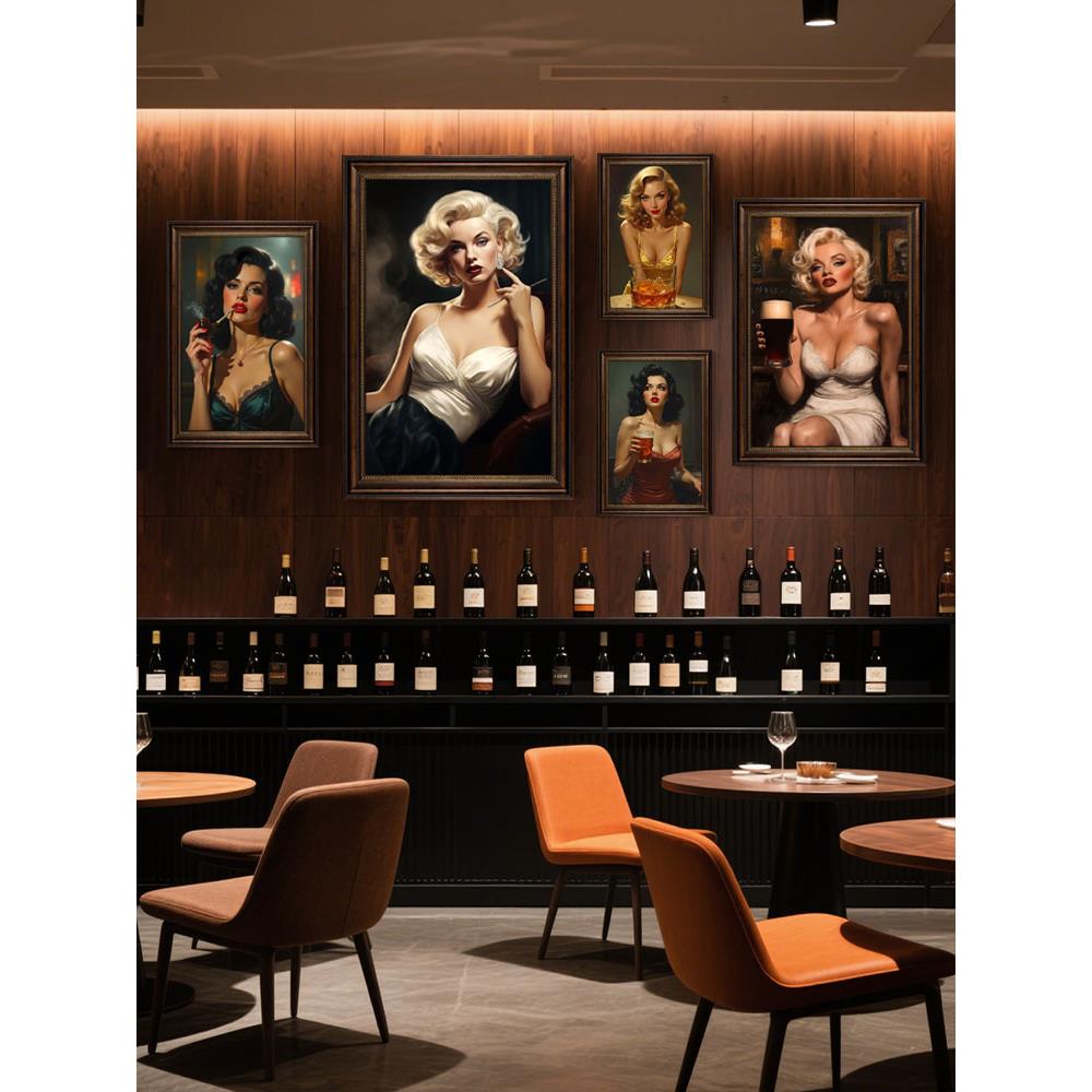 覆古美女人物雪茄吧装饰画美式酒吧夜店背景墙壁画会所酒店房挂画