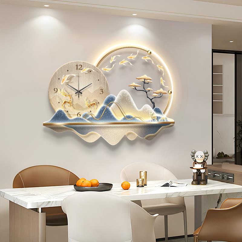 现代轻奢餐厅装饰画大气山水客厅钟表挂画高级感饭厅背景墙壁画灯