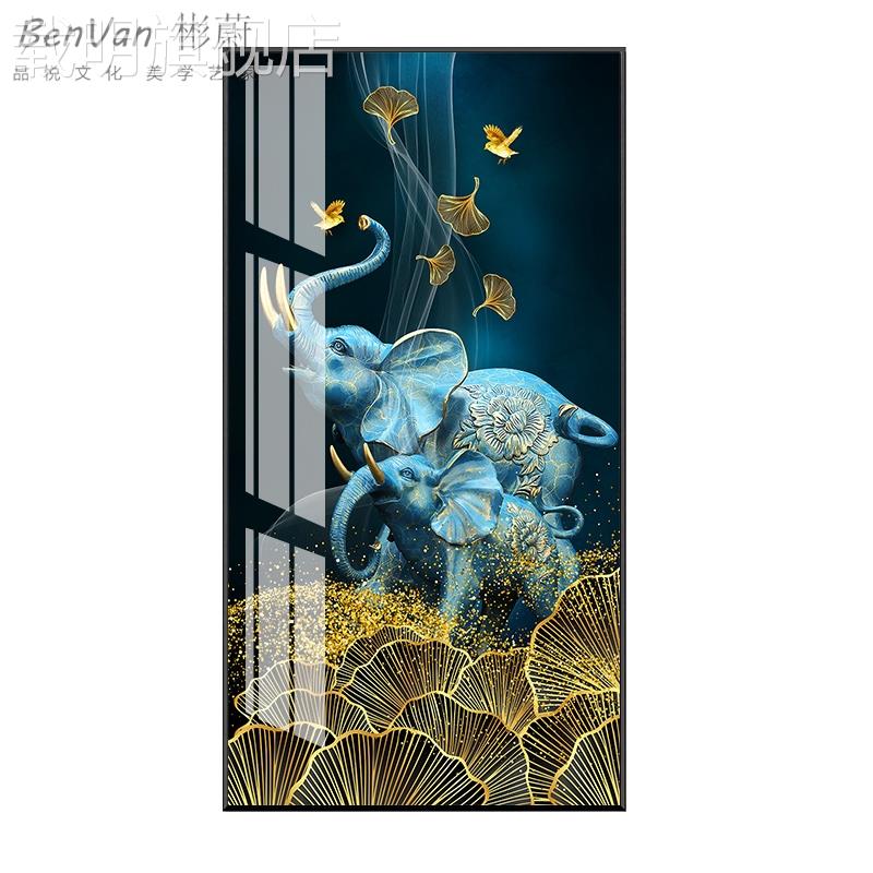 网红杏福祥瑞 壁画轻奢大象玄关装饰画美式过道酒店现代竖版晶瓷图片