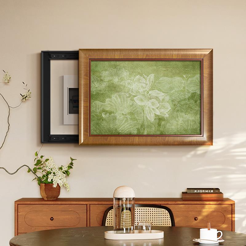 法式中古风电表箱装饰画横版覆古荷花绿色配电箱遮挡盖板饭厅挂画