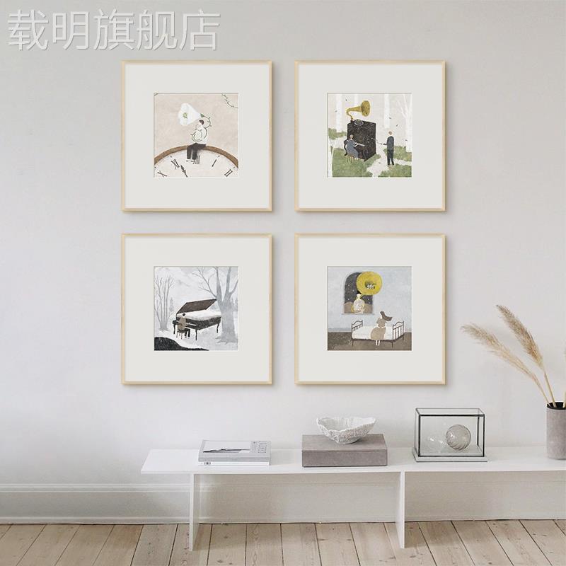 北欧简约日式原木风正方形组合卡通装饰画治愈奶油系客餐厅装饰画图片