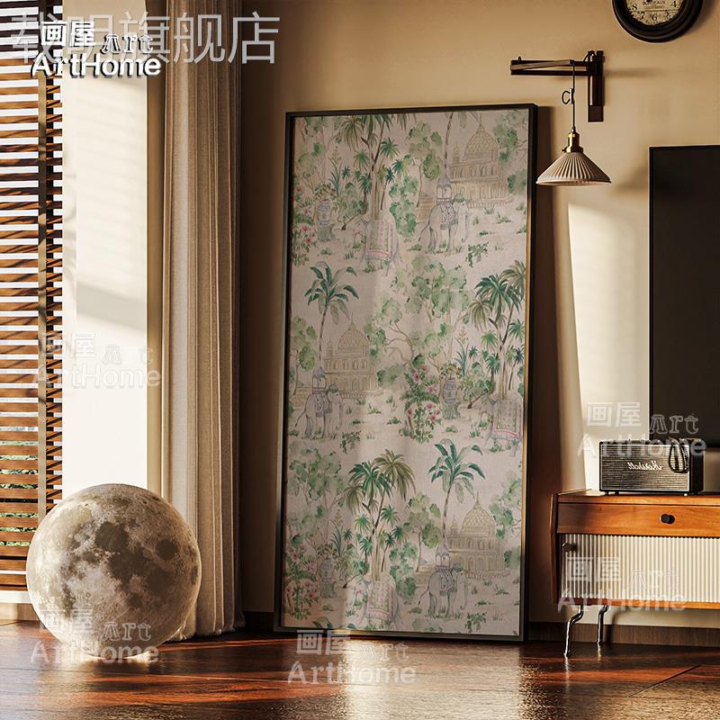 南洋中古风大象植物装饰画正对入户门玄关壁画北欧客厅卧室玄关画图片