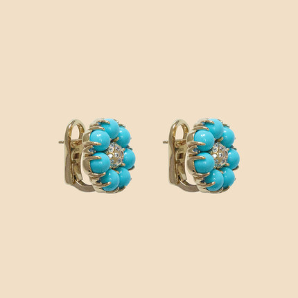 【野小花】时尚高级通体925银镀18K金绿松石耳饰耳环原创设计16g