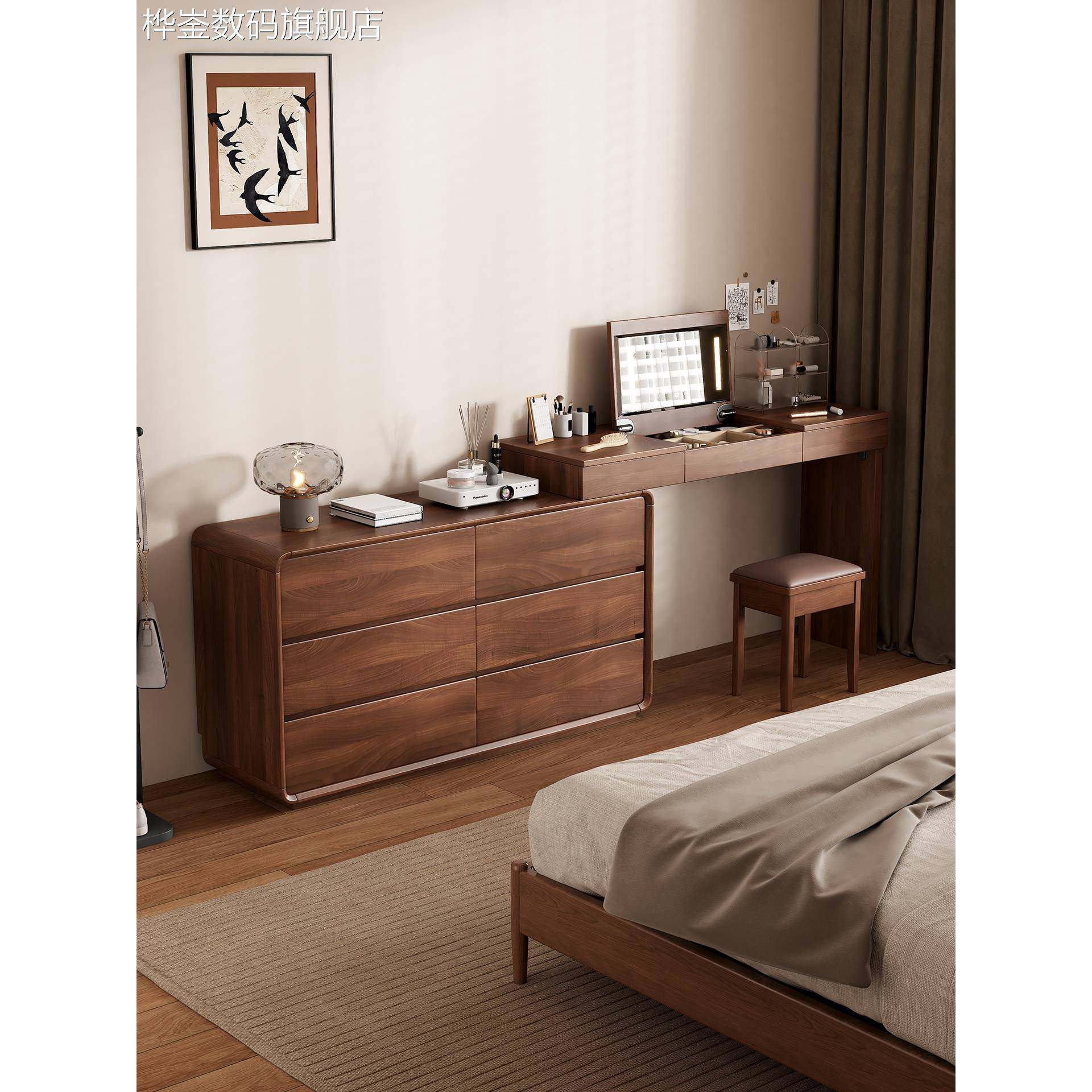 麦比梵全实木梳妆台化妆台斗柜一体床尾柜可伸缩转角桌储物柜翻盖化妆