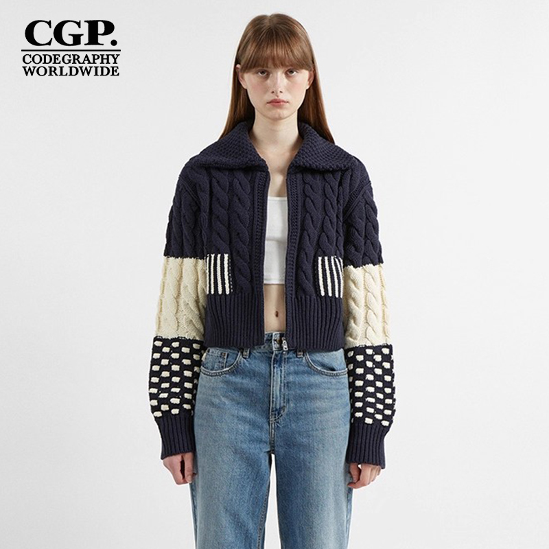 CODEGRAPHY 女士新款秋冬拼色针织开衫拉链上衣外套CBCFWKC016