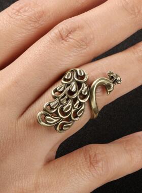 外贸古玩铜器古铜女士戒指复古开口孔雀开屏黄铜饰品食指指环