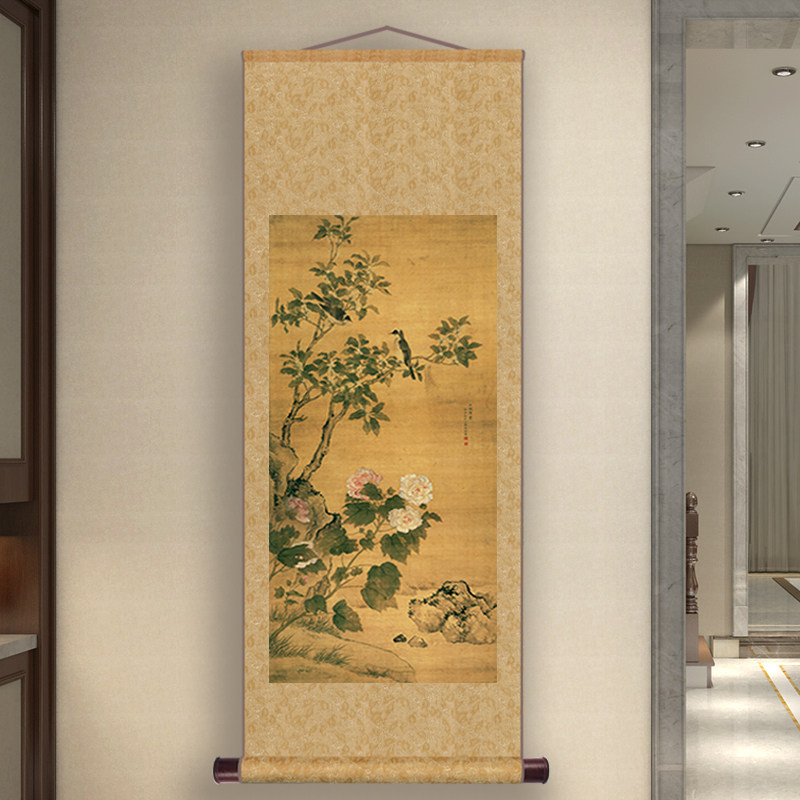 花鸟花卉彷古国画新中式丝绸卷轴挂画竖版玄关书房客厅覆古装饰画