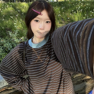 宽松小众松弛chic上衣 内搭打底衫 慵懒条纹撞色拼接长袖 t恤女秋季