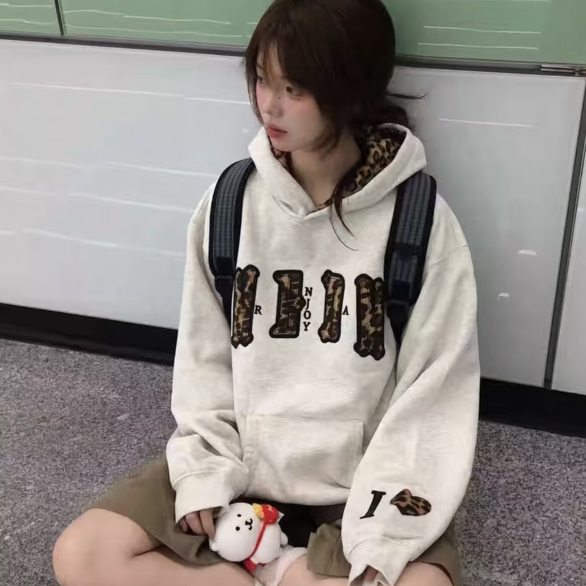 美式豹纹拼接连帽卫衣女刺绣贴布设计感春秋新款宽松慵懒情侣上衣