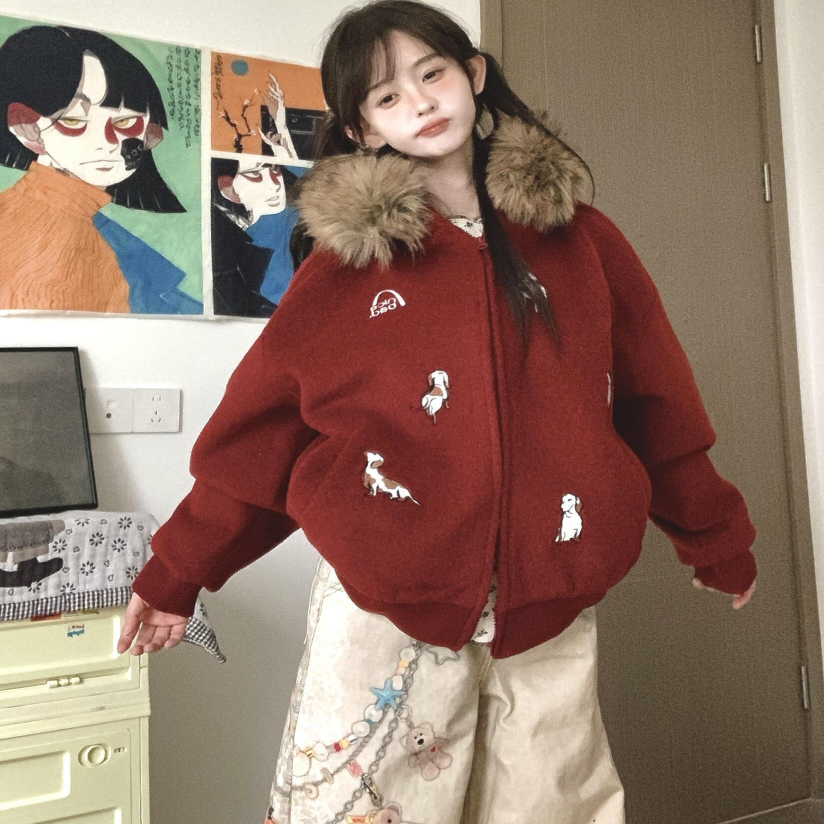 【无忧试穿】毛领卫衣红色外套女