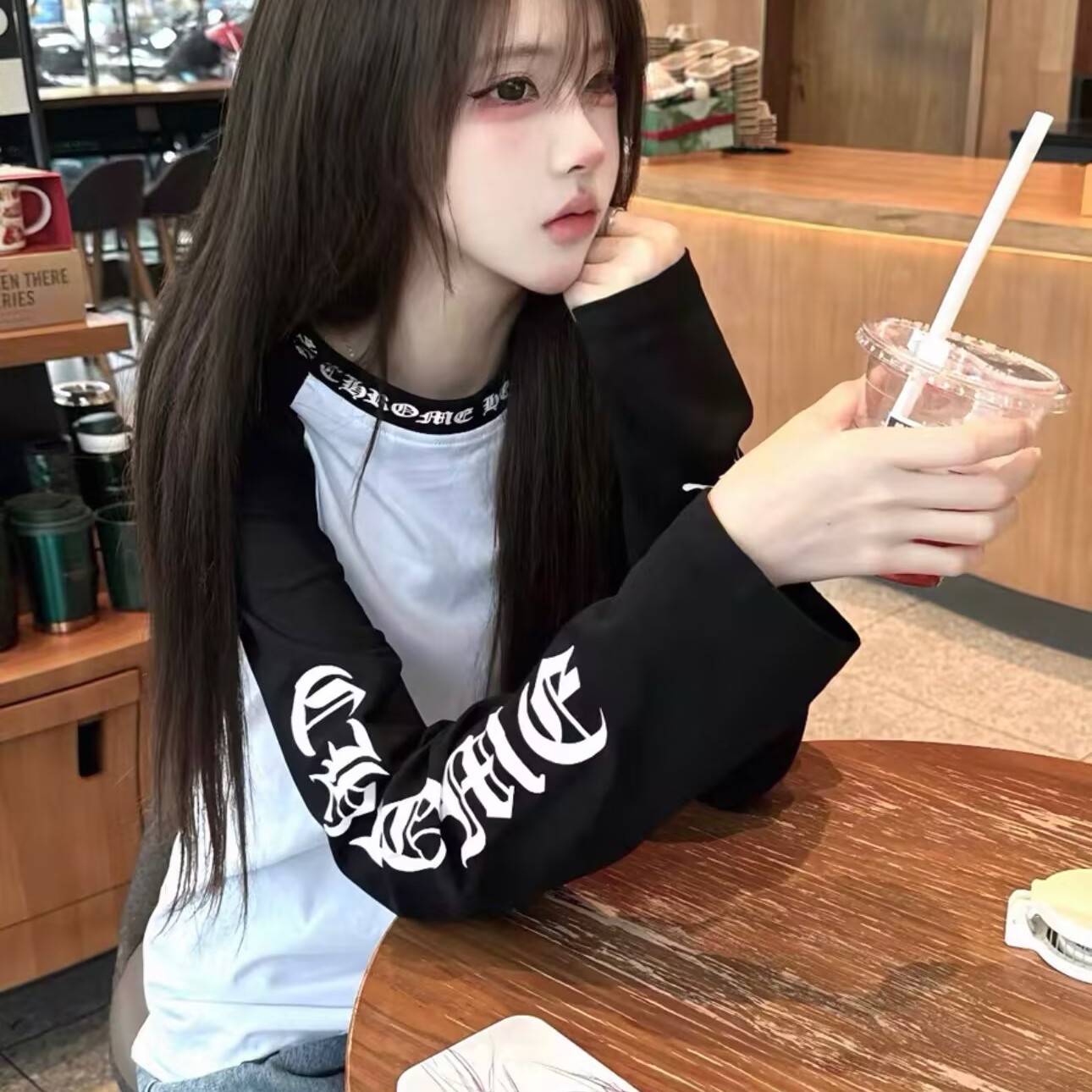 【无忧试穿】梵文拼色插肩长袖T