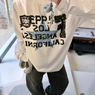 T恤女hiphop打底衫 美式 休闲设计感圆领宽松字母印花秋冬纯棉长袖