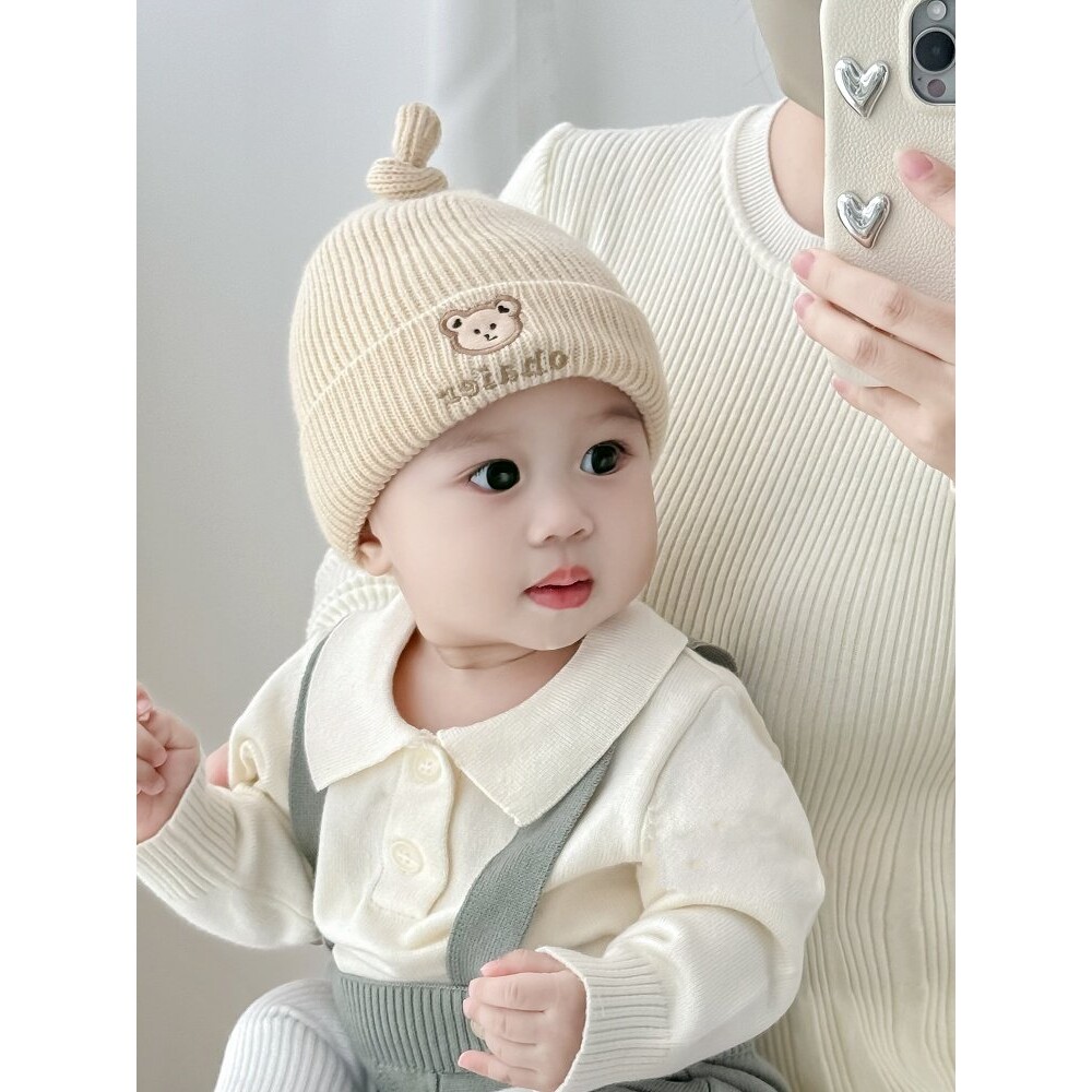 婴儿帽子秋冬季纯棉可爱婴幼儿小熊针织帽小月龄宝宝保暖毛线帽