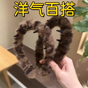 韩国毛绒豹纹发箍女秋冬高颅顶洗脸压发发卡时尚洋气外出百搭头箍