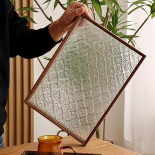饰收纳盘子 复古绿色压花海棠花玻璃托盘实木托盘咖啡盘家用茶托装