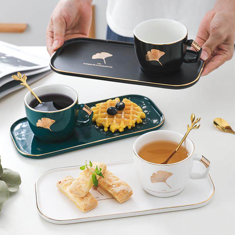 陶瓷咖啡杯碟套装长方盘早餐杯带勺家用餐厅点心饼干糕点下午茶杯